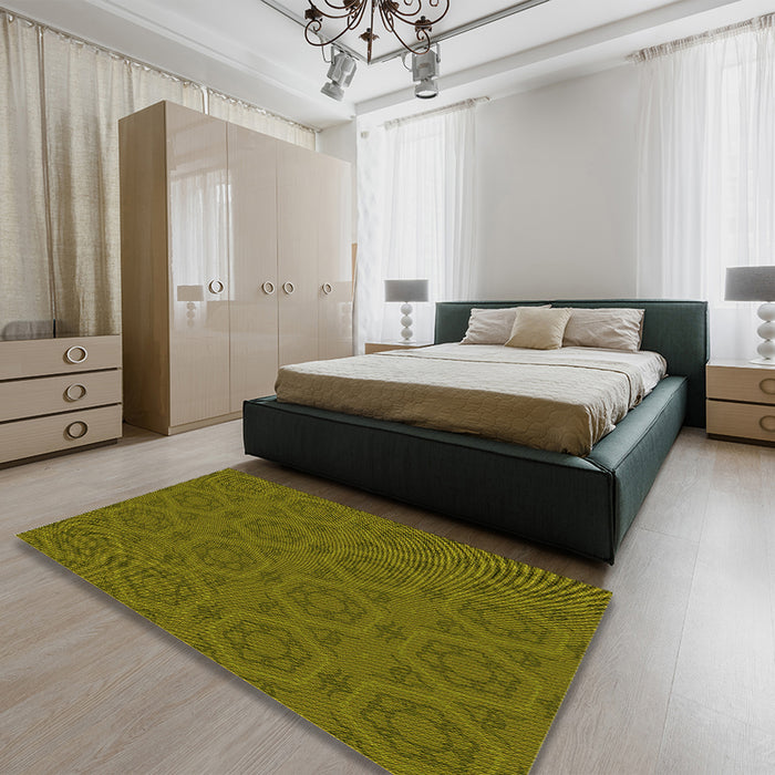 Patterned Dark Yellow Green Rug in a Bedroom, pat2986yw