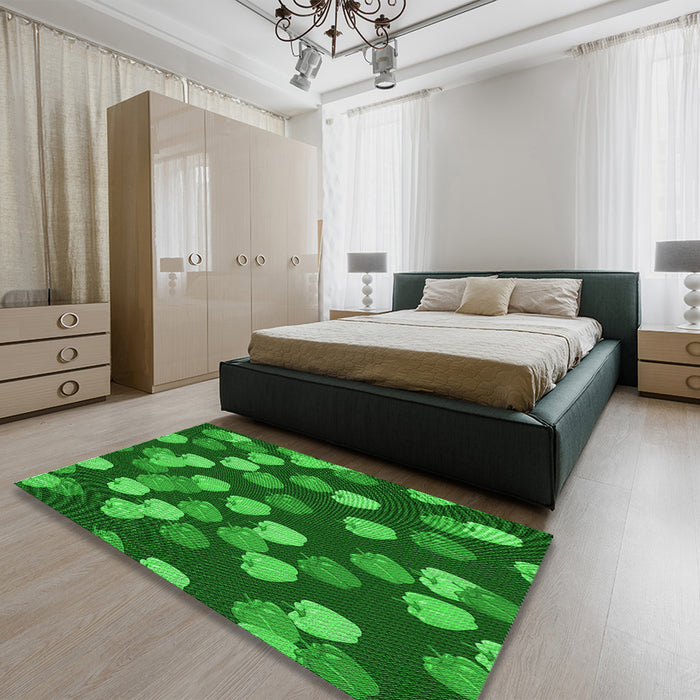 Patterned DarkGreen Rug in a Bedroom, pat2988grn
