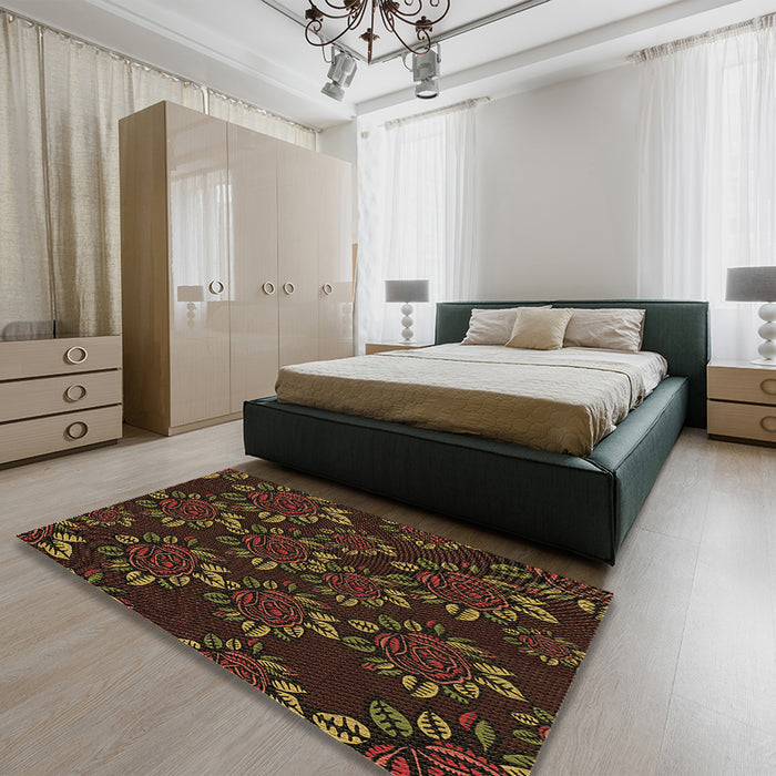 Patterned Saddle Brown Rug in a Bedroom, pat2991brn