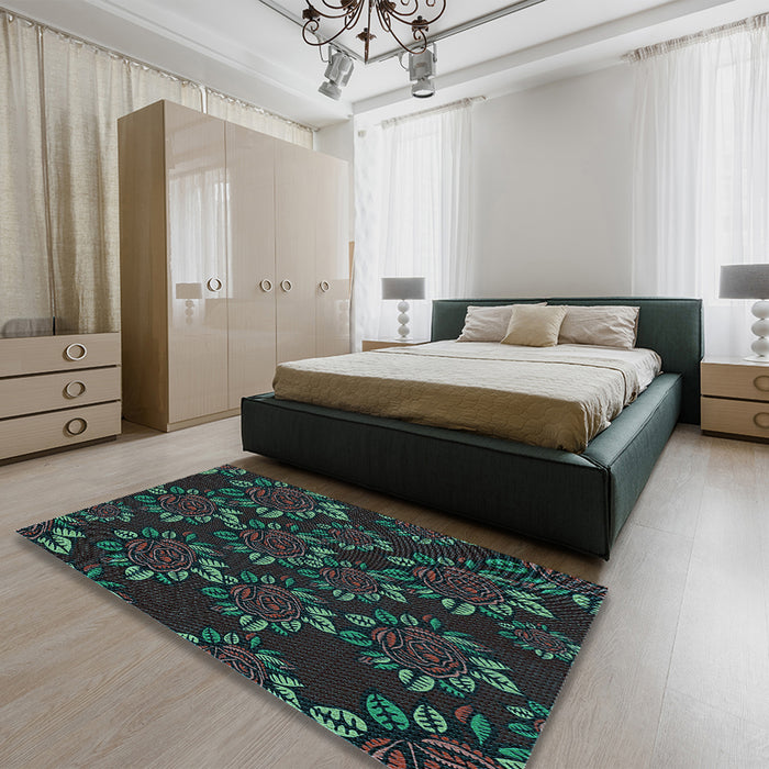 Patterned Midnight Gray Rug in a Bedroom, pat2991lblu