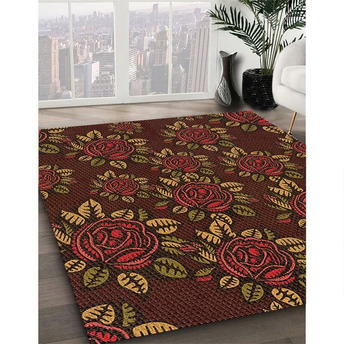 Patterned Mahogany Brown Rug in Family Room, pat2991org