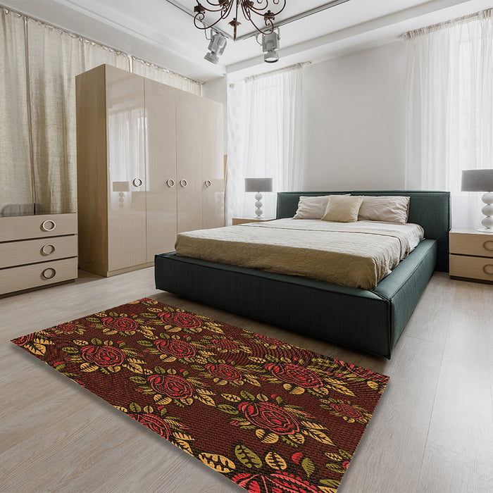Patterned Mahogany Brown Rug in a Bedroom, pat2991org