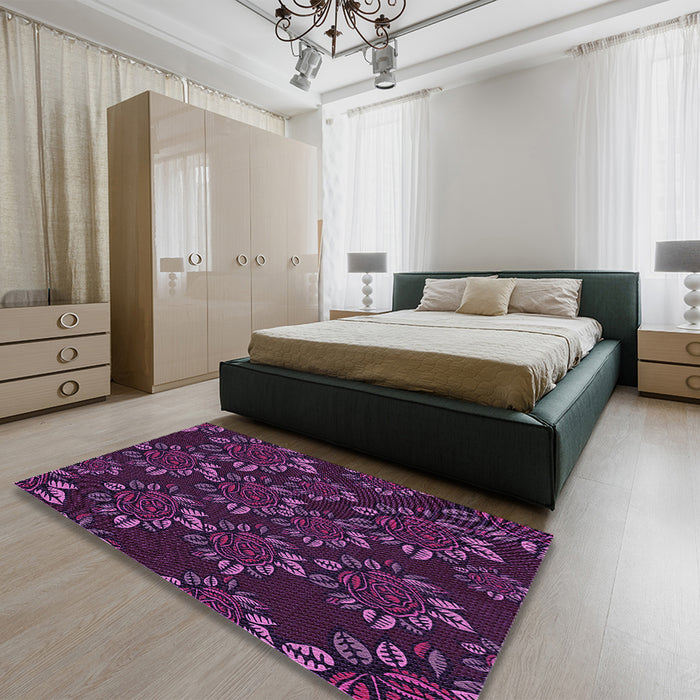 Patterned Purple Lily Purple Rug in a Bedroom, pat2991pur