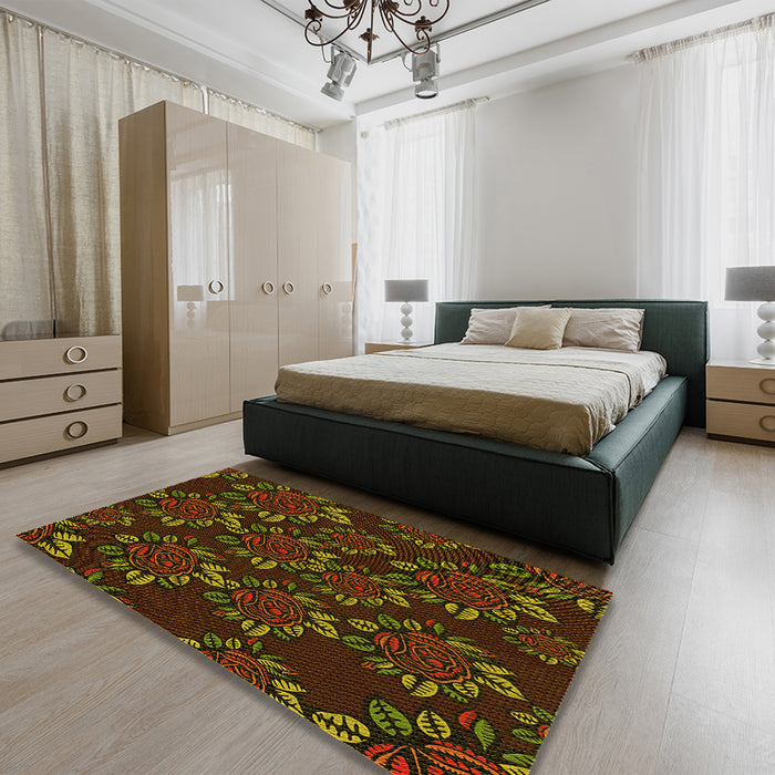 Patterned Dark Yellow Green Rug in a Bedroom, pat2991yw