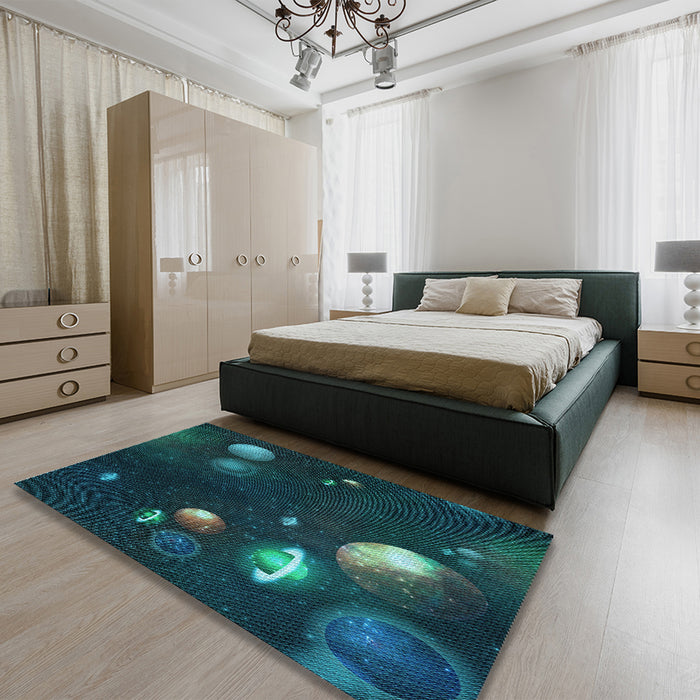 Round Machine Washable Transitional Dark Cyan Green Rug in a Office, wshpat2992lblu