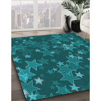 Patterned Dark Turquoise Green Rug, pat2994lblu