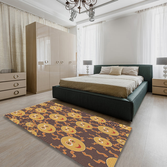 Patterned Yellow Rug in a Bedroom, pat2995brn