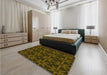 Patterned Dark Yellow Green Rug in a Bedroom, pat2997yw