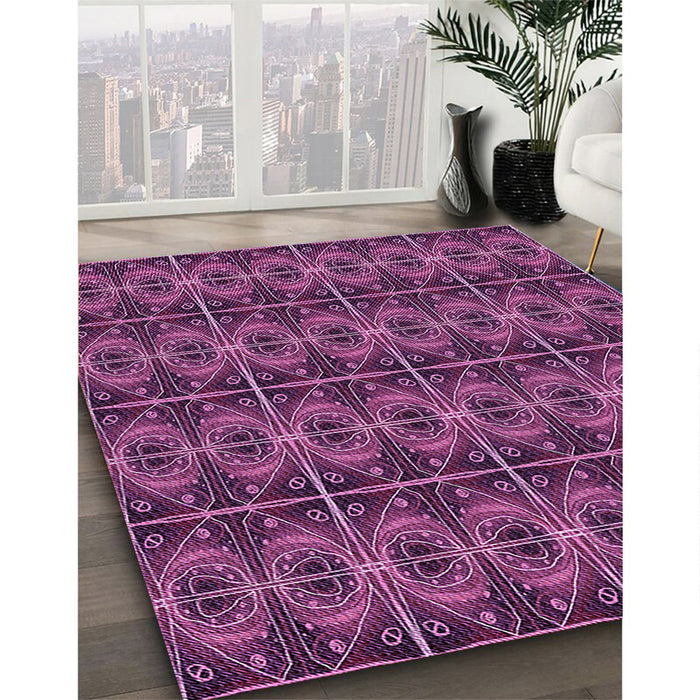 Patterned Neon Pink Rug in Family Room, pat2998pur