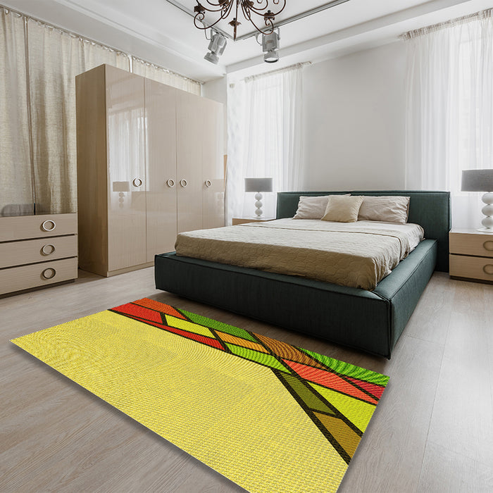 Patterned Yellow Rug in a Bedroom, pat30yw