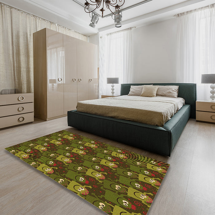 Patterned Dark Yellow Green Rug in a Bedroom, pat3003org