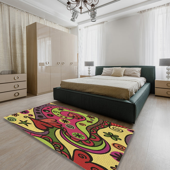Patterned Saffron Red Rug in a Bedroom, pat3005brn