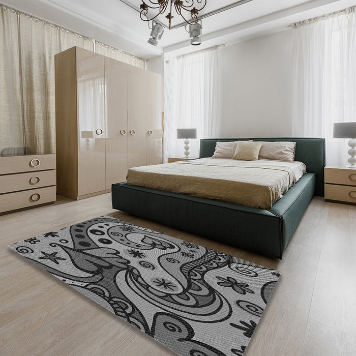 Patterned Dark Gray Black Rug in a Bedroom, pat3005gry