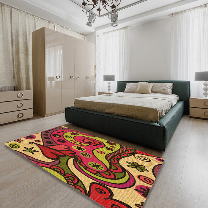 Patterned Cranberry Red Rug in a Bedroom, pat3005org