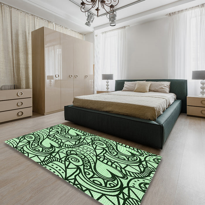 Patterned Dark Forest Green Rug in a Bedroom, pat3007grn