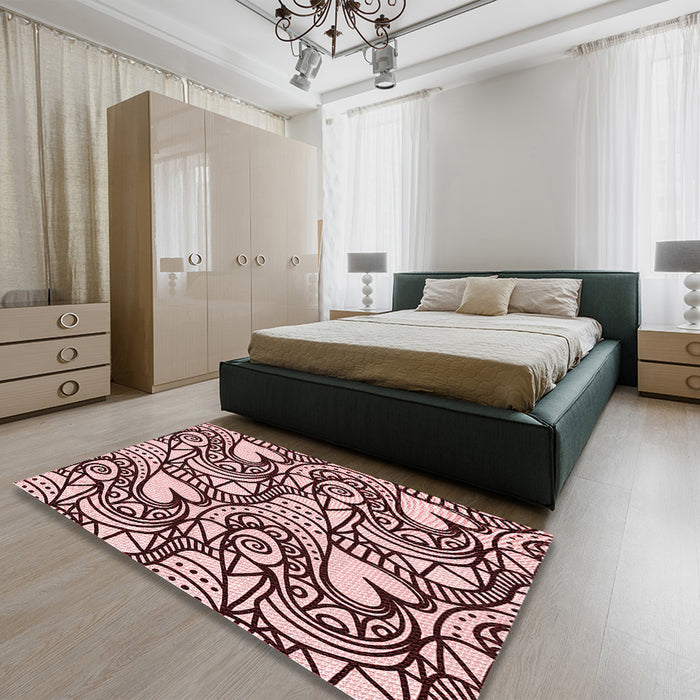 Patterned Deep Rose Pink Rug in a Bedroom, pat3007rd