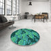 Round Patterned Medium Teal Green Rug in a Office, pat3009lblu