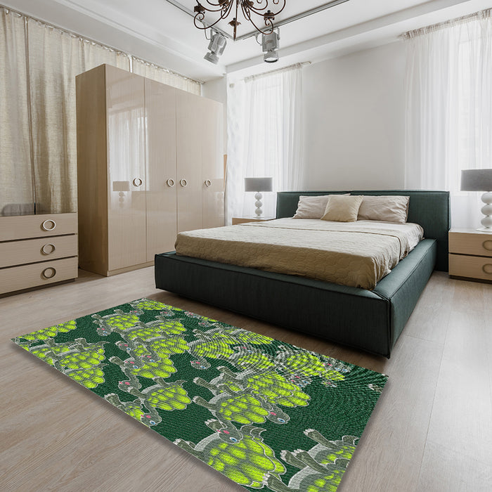 Machine Washable Transitional Dark Forest Green Rug in a Bedroom, wshpat3009