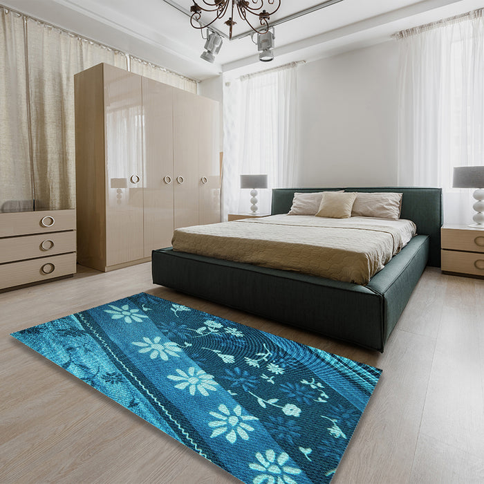 Patterned Deep Sky Blue Rug in a Bedroom, pat301lblu