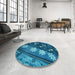 Round Patterned Deep Sky Blue Rug in a Office, pat301lblu