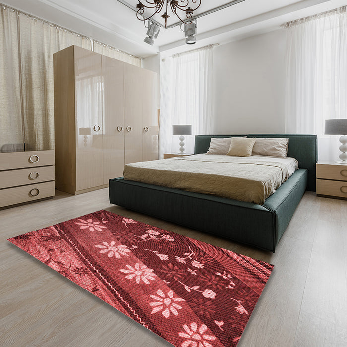 Patterned Cranberry Red Rug in a Bedroom, pat301rd