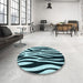 Round Patterned Deep Teal Green Rug in a Office, pat3010lblu