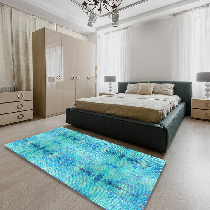 Patterned Dark Turquoise Green Rug in a Bedroom, pat302lblu