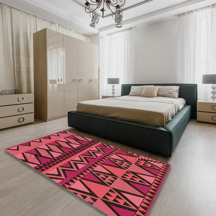 Patterned Cherry Red Rug in a Bedroom, pat3029org