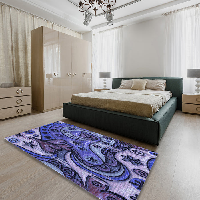 Patterned Blue Rug in a Bedroom, pat3034blu
