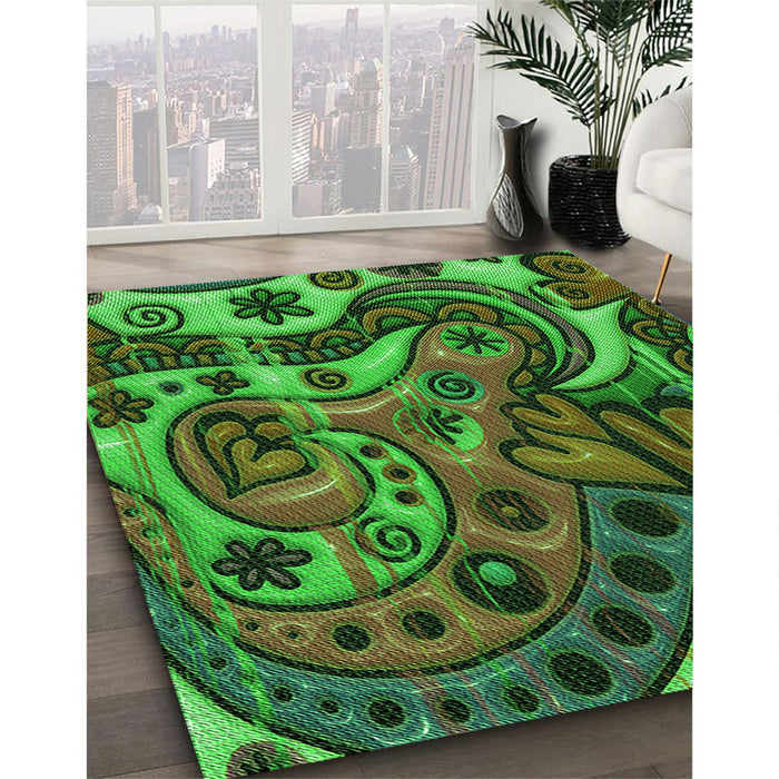 Patterned Dark Forest Green Rug in Family Room, pat3034grn