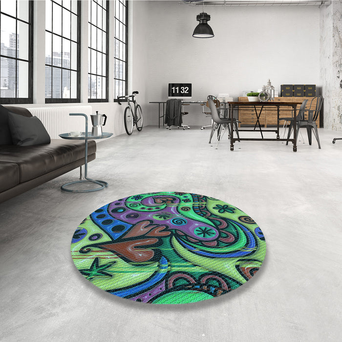 Round Patterned Medium Sea Green Rug in a Office, pat3034lblu