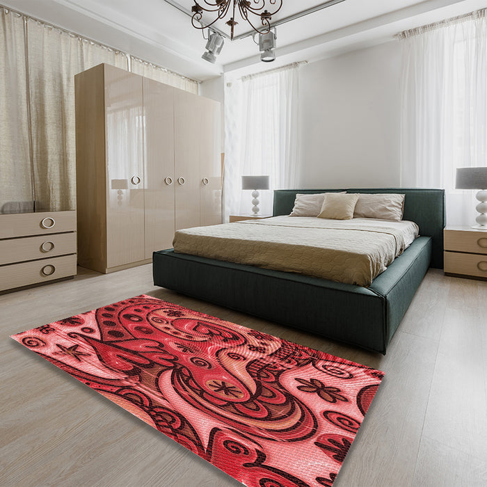 Round Machine Washable Transitional Red Rug in a Office, wshpat3034rd