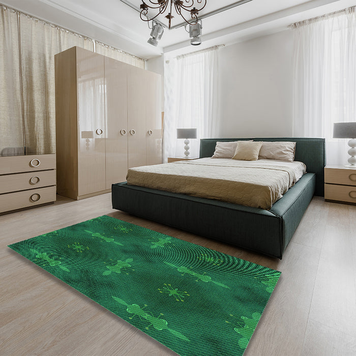Patterned Deep Teal Green Rug in a Bedroom, pat3045grn