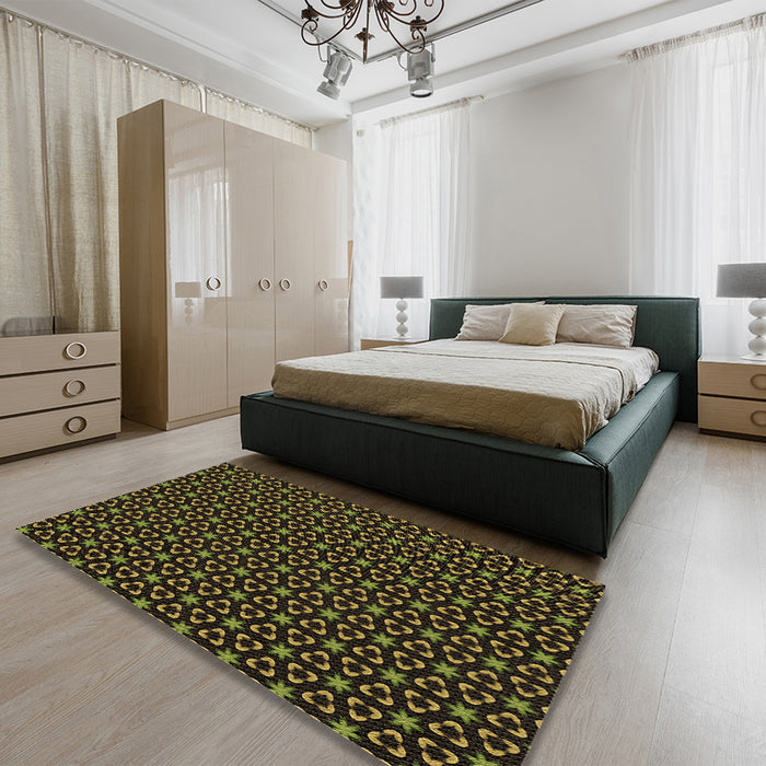 Patterned Dark Yellow Green Rug in a Bedroom, pat3046brn