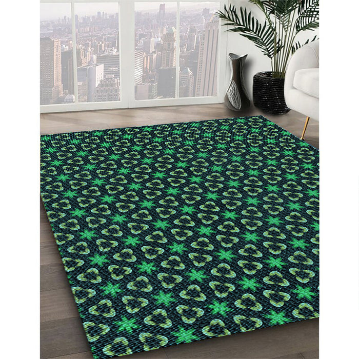 Patterned Deep Teal Green Rug in Family Room, pat3046lblu
