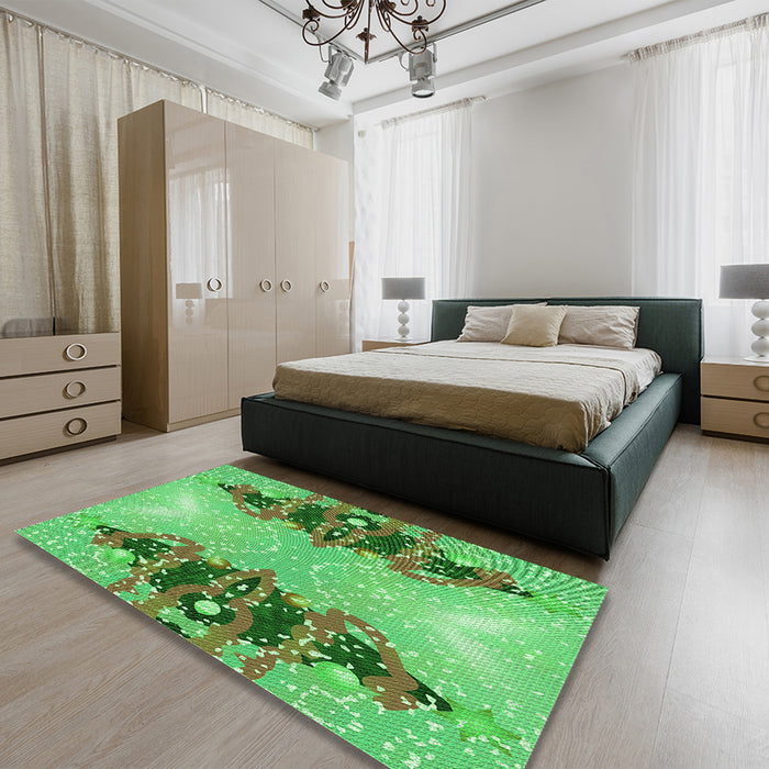 Patterned Dark Lime Green Rug in a Bedroom, pat3058grn