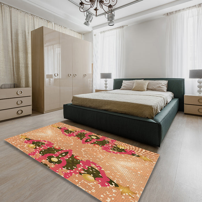 Patterned Yellow Orange Rug in a Bedroom, pat3058org