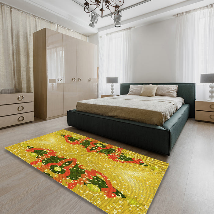Patterned Bright Gold Yellow Rug in a Bedroom, pat3058yw