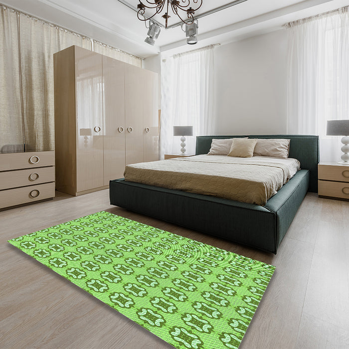 Patterned Dark Lime Green Rug in a Bedroom, pat3066grn