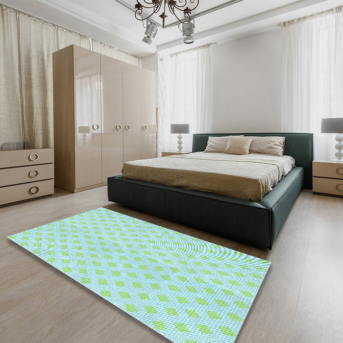 Patterned Medium Turquoise Green Rug in a Bedroom, pat307lblu