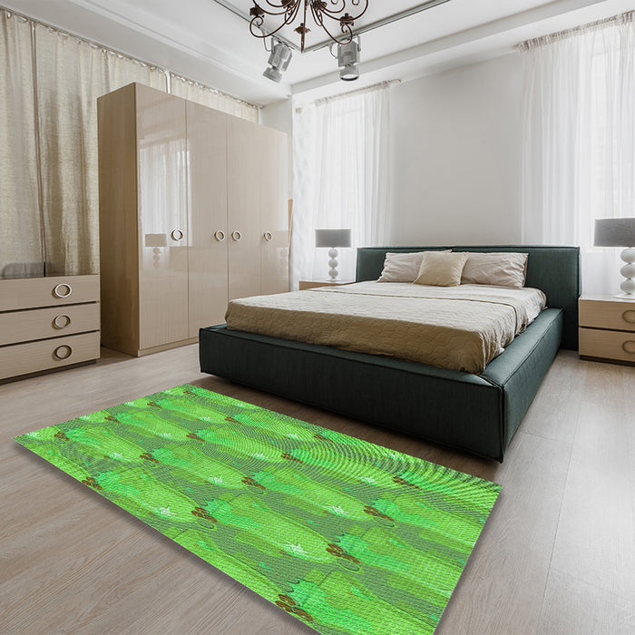 Patterned Dark Lime Green Rug in a Bedroom, pat3090grn