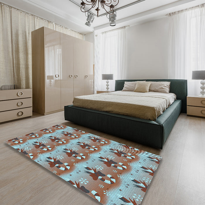 Patterned Sienna Brown Rug in a Bedroom, pat3091lblu