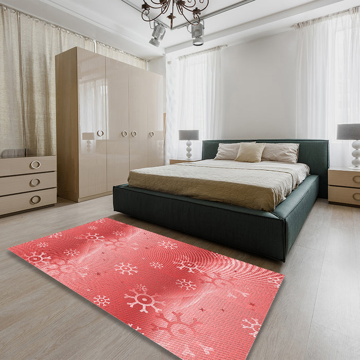 Patterned Ruby Red Rug in a Bedroom, pat3093rd