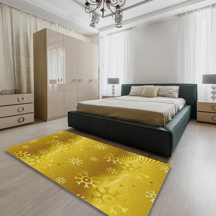 Round Machine Washable Transitional Deep Yellow Rug in a Office, wshpat3093yw