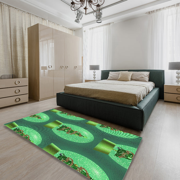 Round Machine Washable Transitional Medium Forest Green Rug in a Office, wshpat3095grn