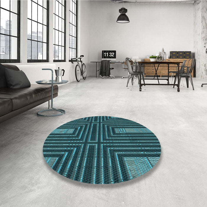 Round Patterned Deep Teal Green Rug in a Office, pat3098lblu