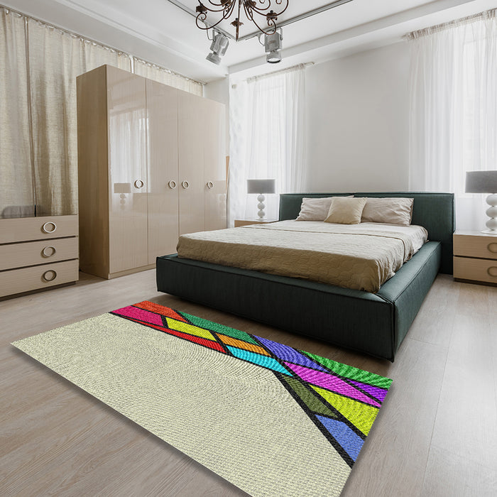 Patterned Brown Green Modern Rug in a Bedroom, pat30