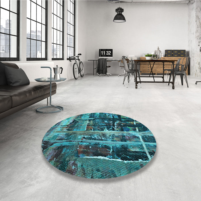 Patterned Dark Turquoise Green Rug in a Kitchen, pat31lblu