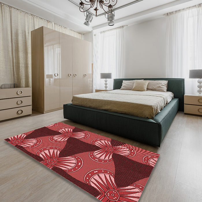 Patterned Cranberry Red Rug in a Bedroom, pat310rd