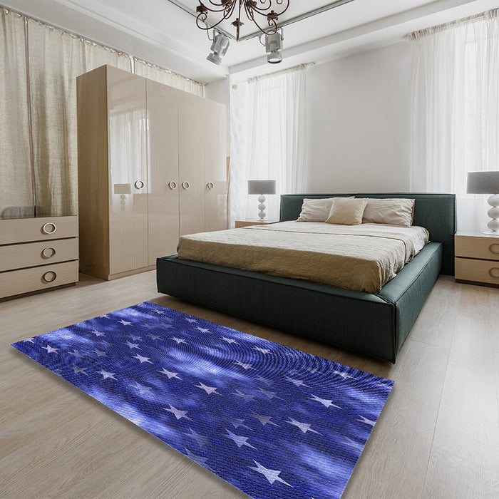 Patterned Cobalt Blue Rug in a Bedroom, pat3100blu